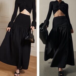 A.L.C. Marlowe Mixed Media Midi Skirt Black Poplin Cotton Stretch Drop Waist XS